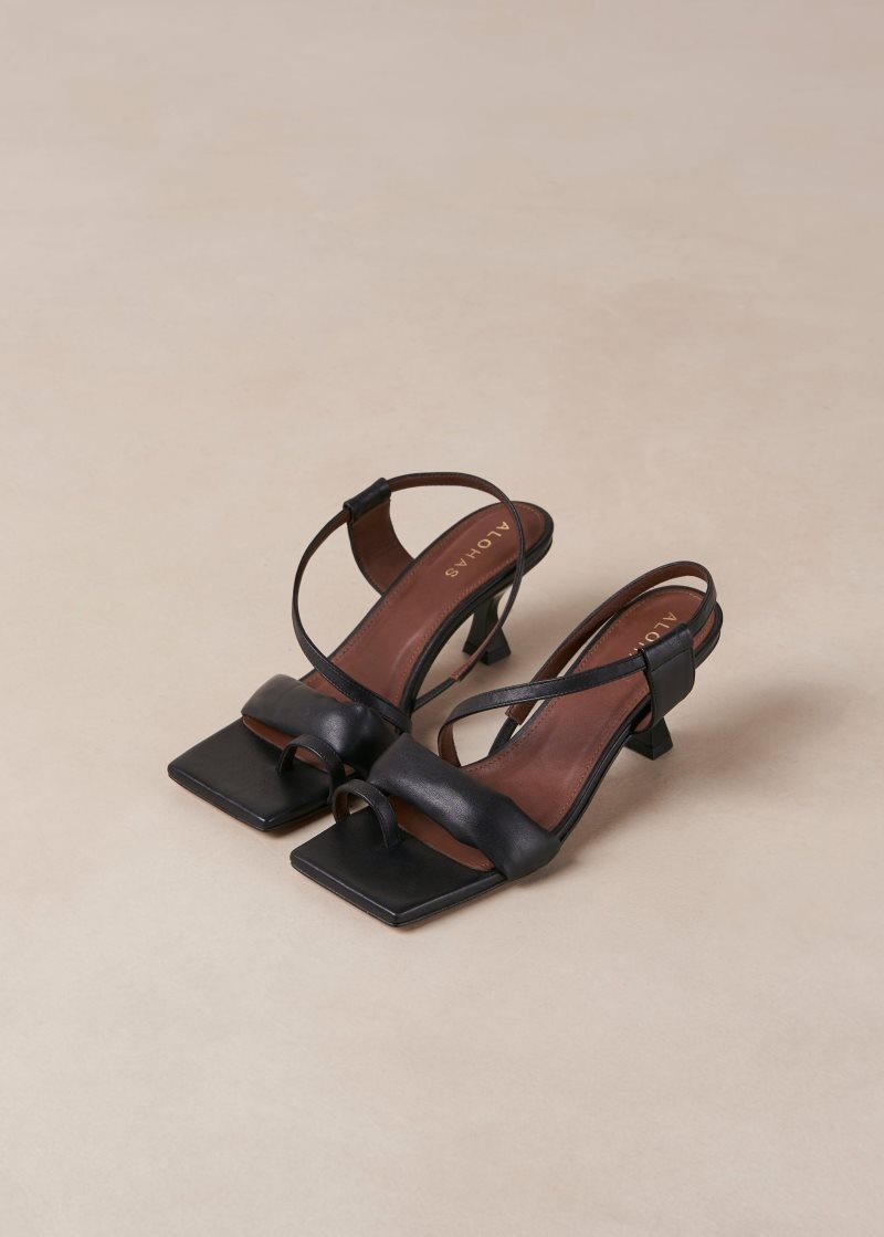 Alohas Asymmetric Straps Cuero Sandals Negros | LJFDG8619