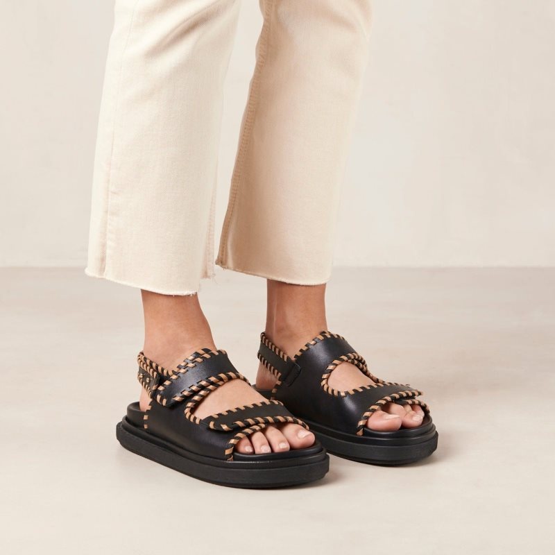 Alohas Barrel Cuero Sandals Negros Marrom | GBWPL2795