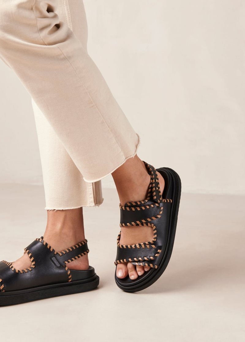 Alohas Barrel Cuero Sandals Negros Marrom | GBWPL2795