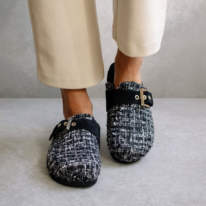 Alohas Cozy Tweed Cuero Clogs Negros | LKBEQ4276