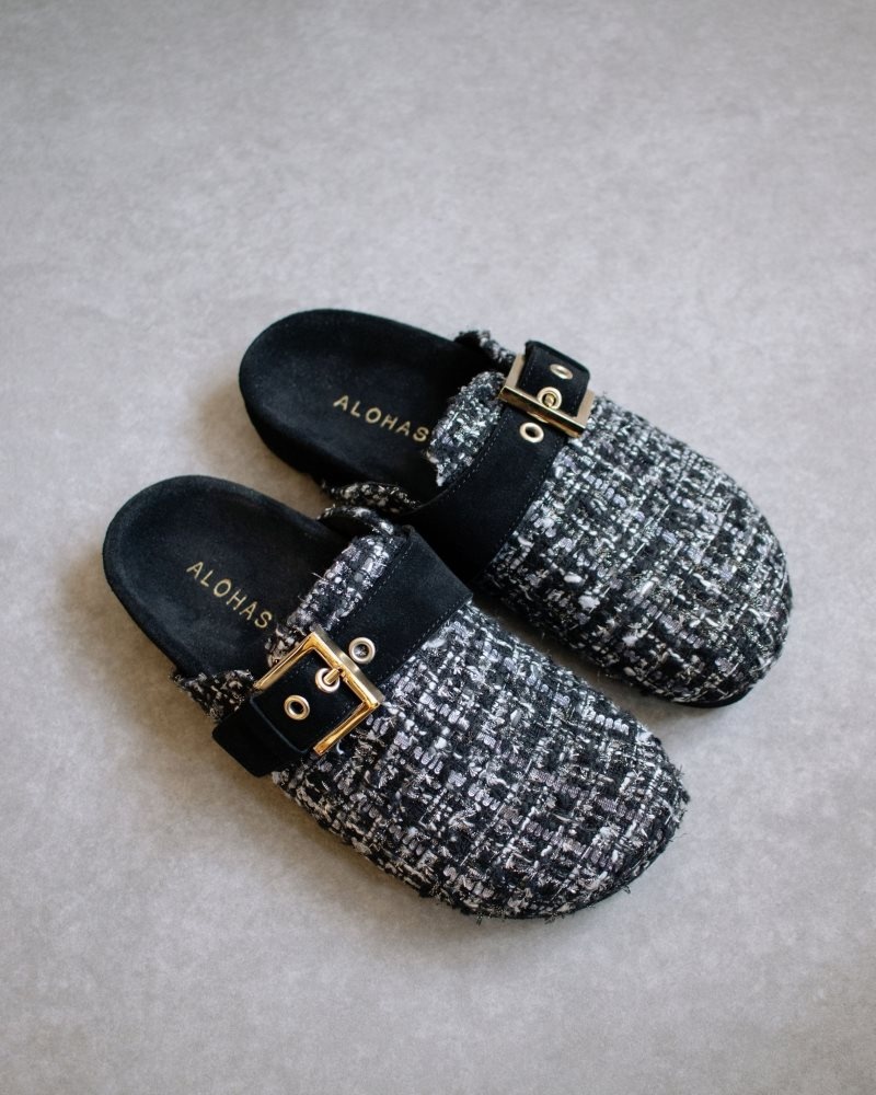 Alohas Cozy Tweed Cuero Clogs Negros | LKBEQ4276