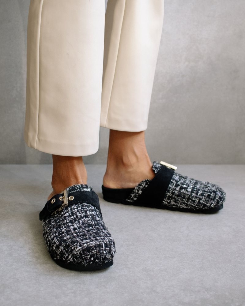 Alohas Cozy Tweed Cuero Clogs Negros | LKBEQ4276