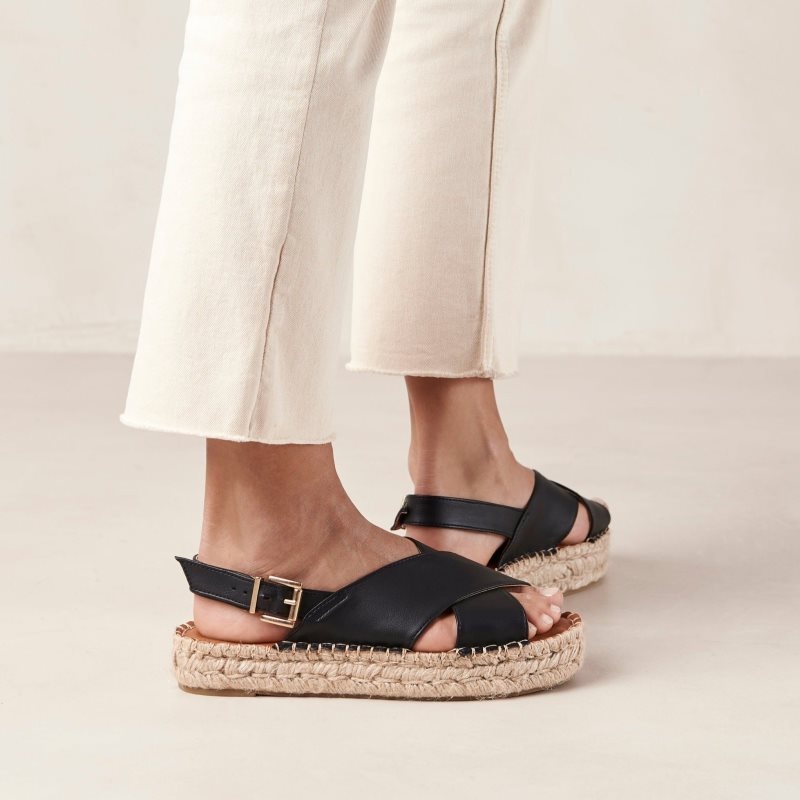 Alohas Crossed Vegan Cuero Espadrilles Negros | KEFXR2934