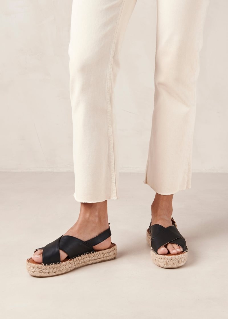 Alohas Crossed Vegan Cuero Espadrilles Negros | KEFXR2934