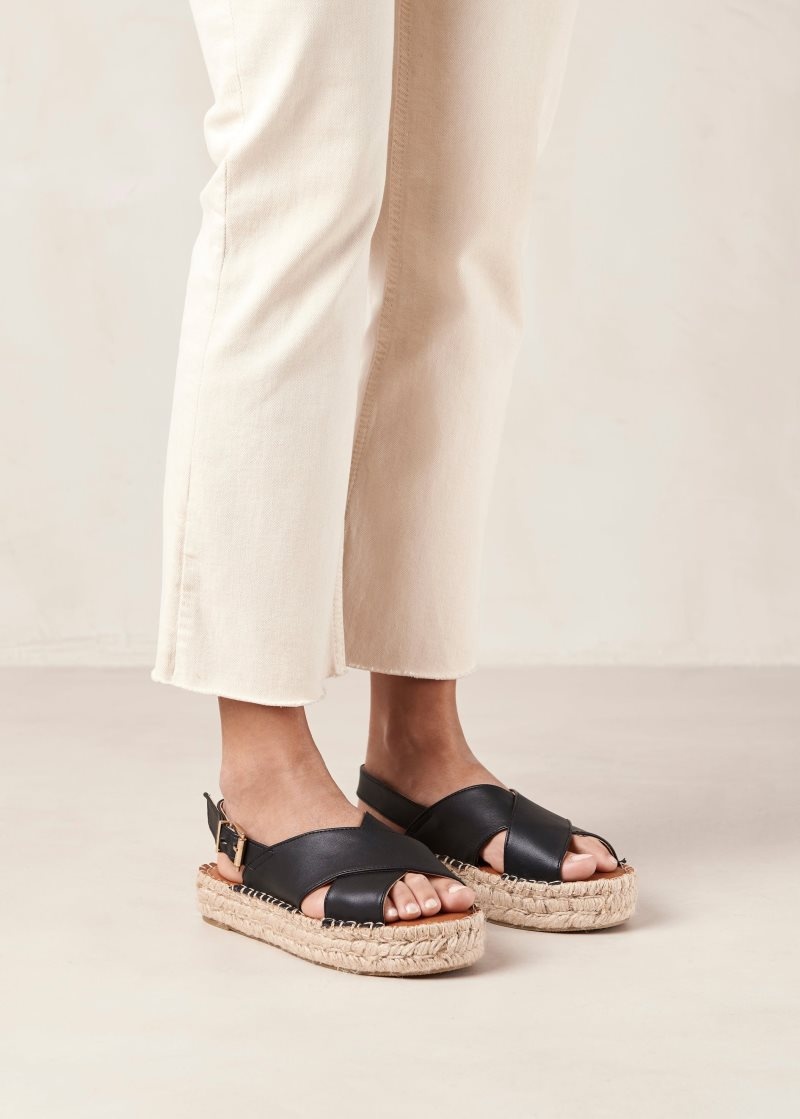 Alohas Crossed Vegan Cuero Espadrilles Negros | KEFXR2934