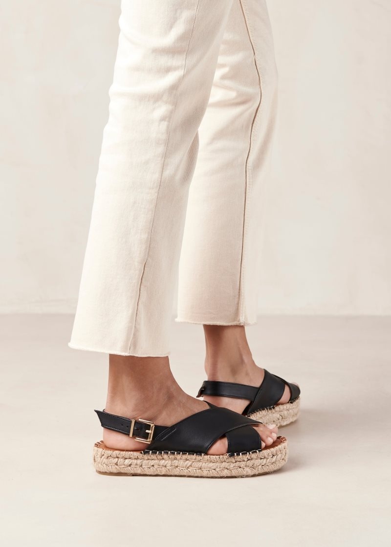 Alohas Crossed Vegan Cuero Espadrilles Negros | KEFXR2934