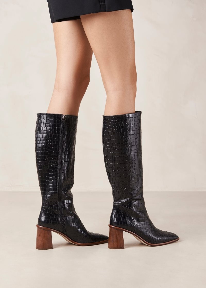 Alohas East Croco Cuero Boots Negros | QXLNO8903