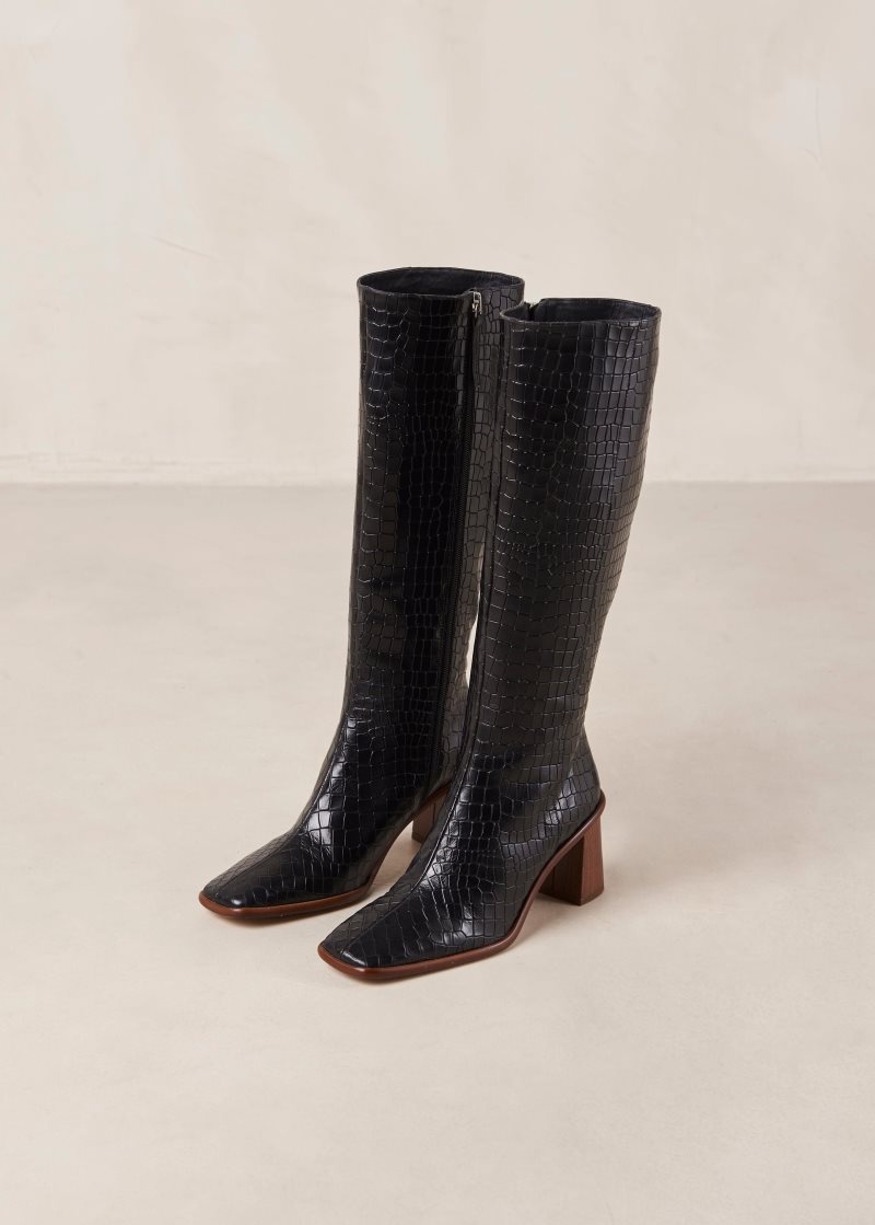 Alohas East Croco Cuero Boots Negros | QXLNO8903