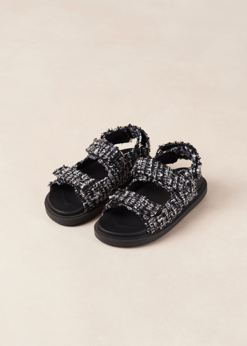 Alohas Hook-Loop Tweed Cuero Sandals Negros | FVIYK7810