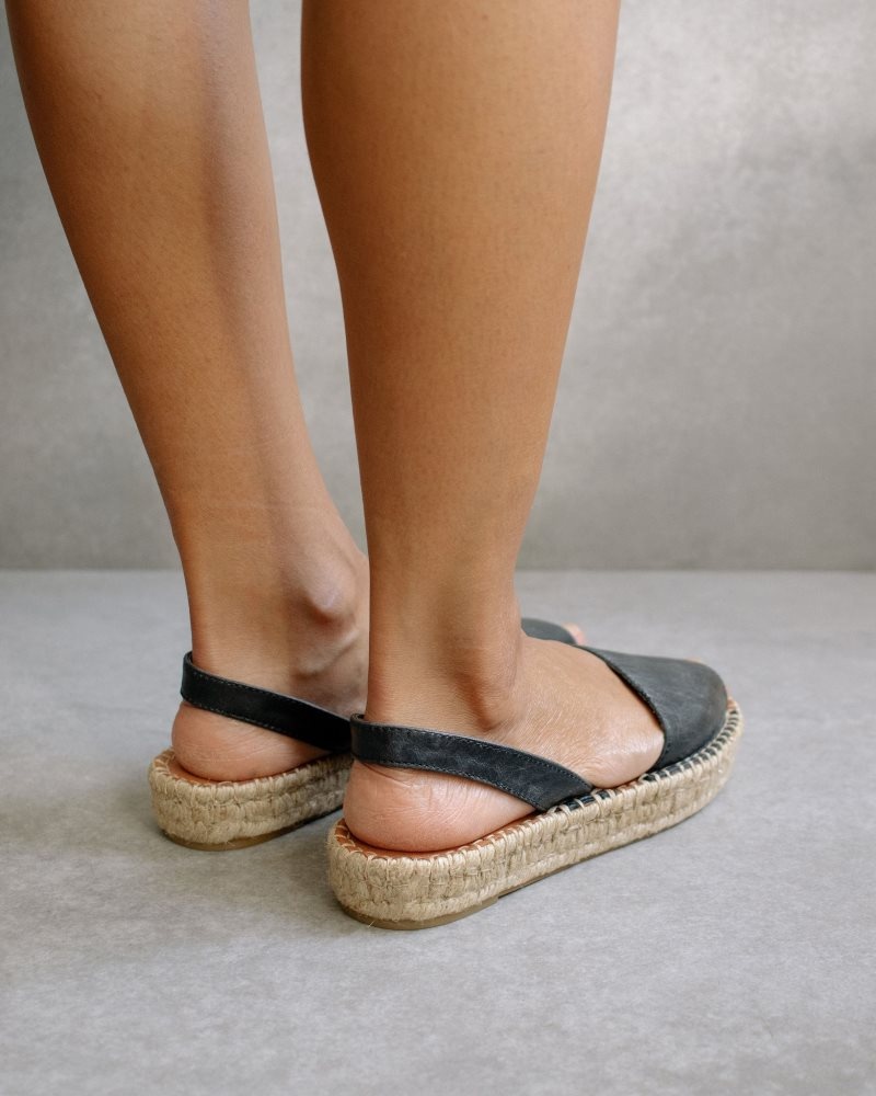 Alohas Ibizas Cuero Espadrilles Negros | OEKHI2039