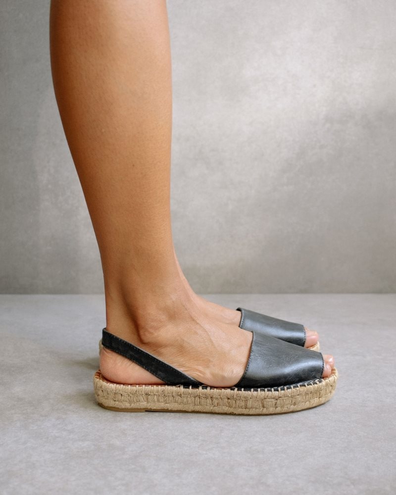 Alohas Ibizas Cuero Espadrilles Negros | OEKHI2039