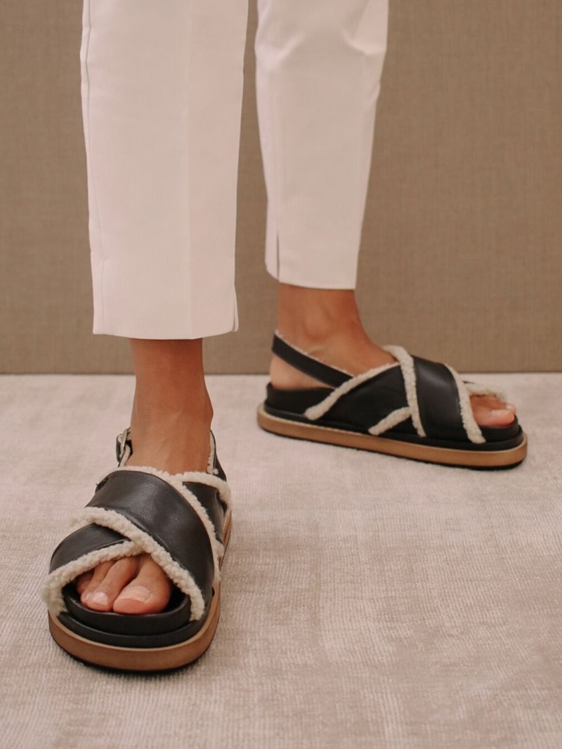 Alohas Marshmallow Cuero Shearling Sandals Negros | HUQIR5278