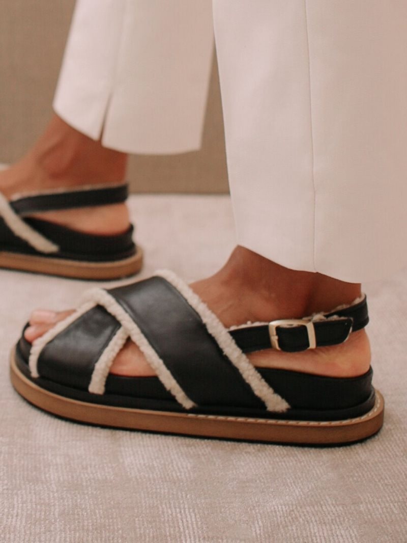 Alohas Marshmallow Cuero Shearling Sandals Negros | HUQIR5278