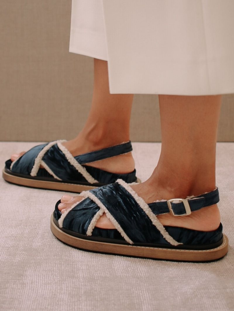 Alohas Marshmallow Velvet Shearling Sandals Azules | BVXDP6419