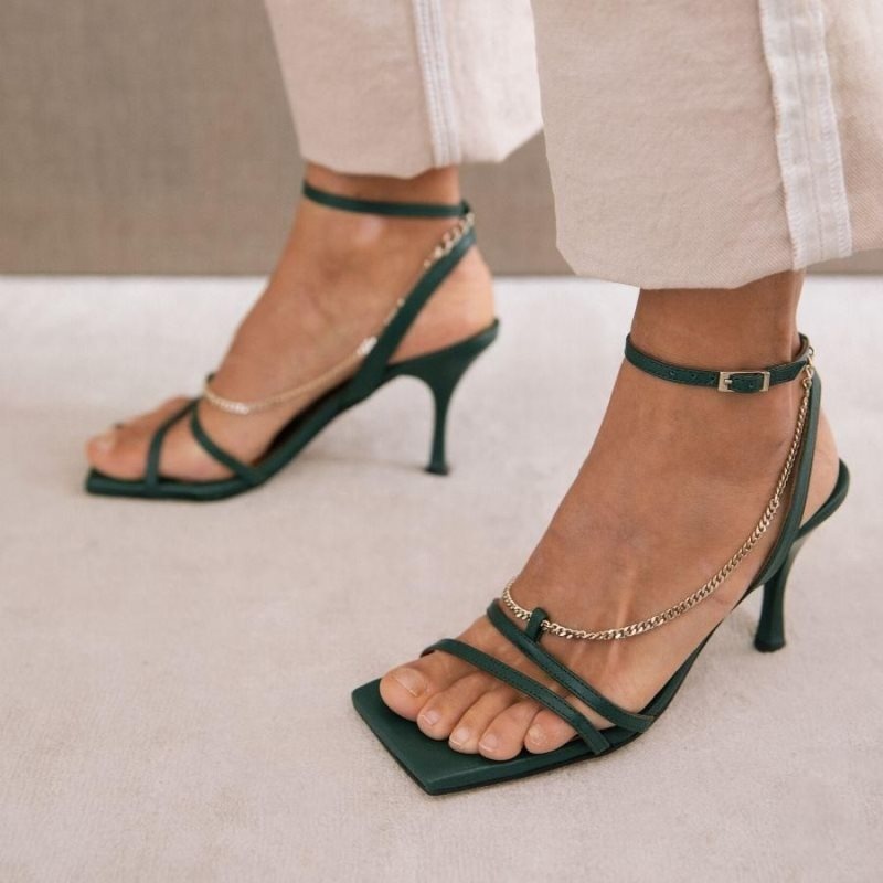 Alohas Straps Chain Cuero Sandals Verdes | ZRXJV3418