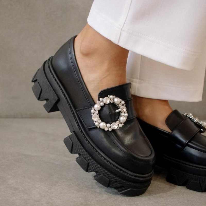 Alohas Trailblazer Crystal Cuero Loafers Negros | OHAUT2710