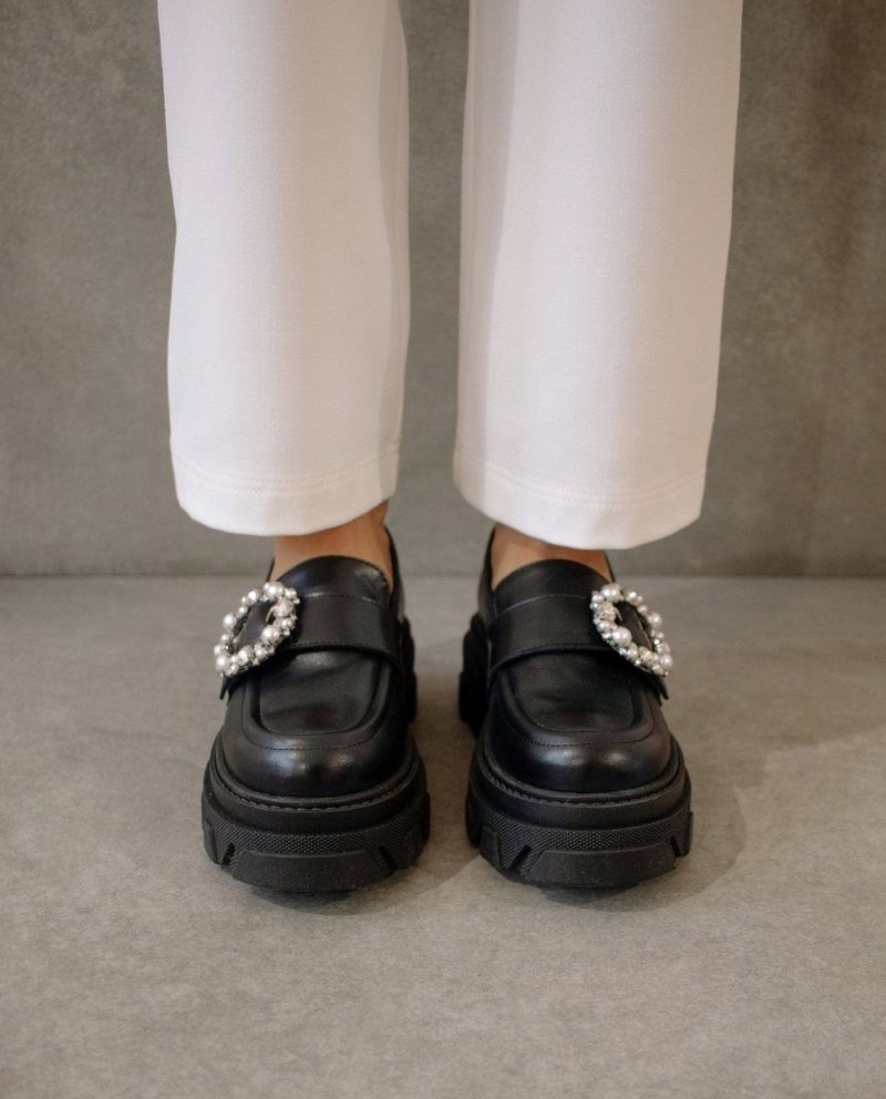 Alohas Trailblazer Crystal Cuero Loafers Negros | OHAUT2710